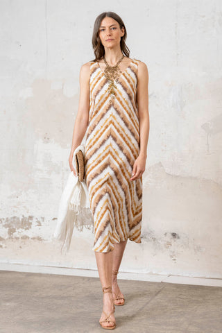 VESTIDO TIRANTE ESPIGA BEIGE Y BLANCO