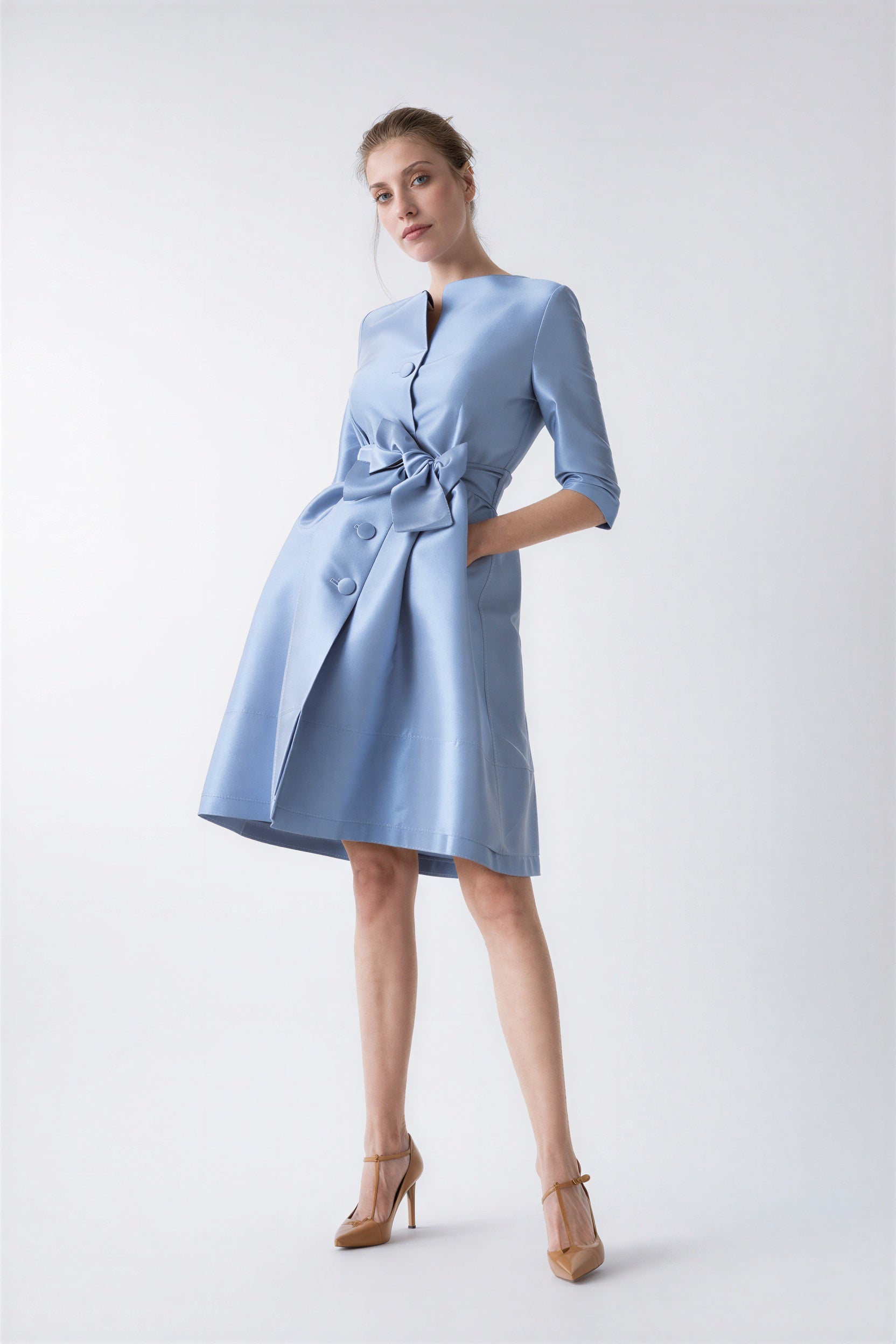 Odelia blue trench coat dress for guests and events. Made in Spain